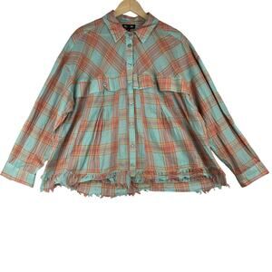 IKY & Me Button Up Flannel Shirt Women's 1X 100% Cotton Coral Blue Plaid Fringe